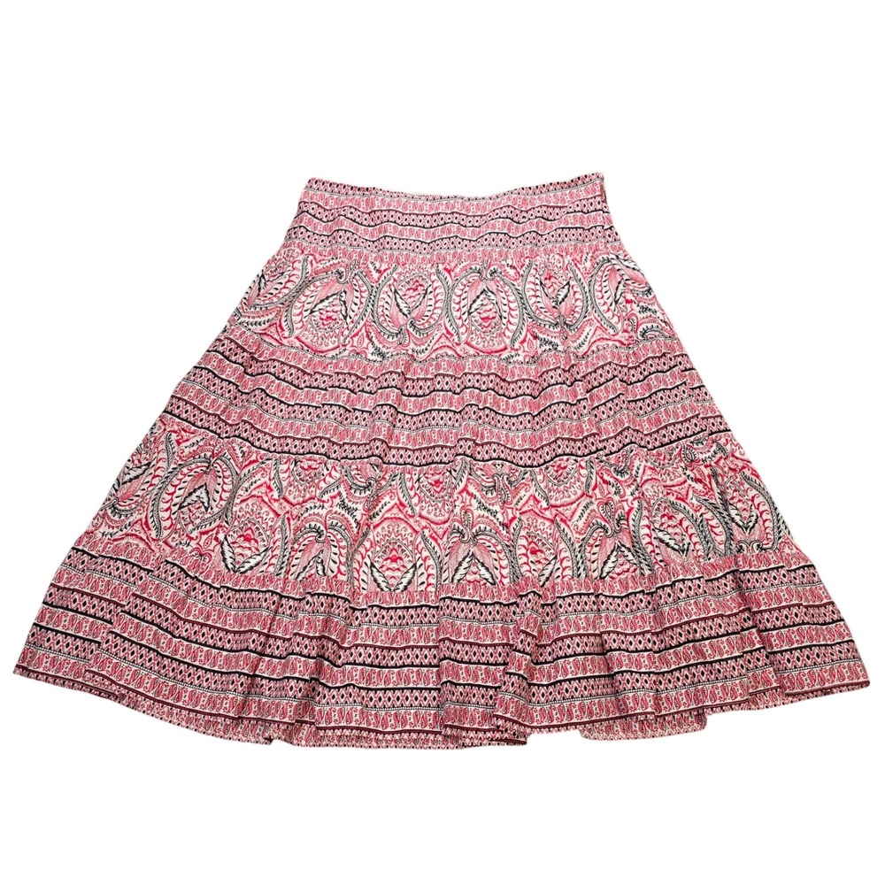 Chaps Midi Skirt Women's Size 12 Red Black Paisley Tiered Boho Zip 100% Cotton